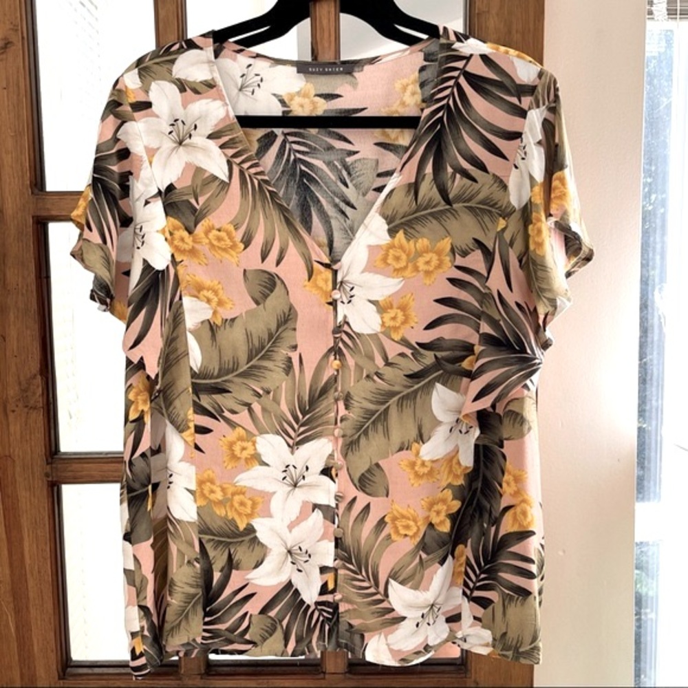 Suzy Shier Floral Tropical Print Flutter-Sleeved Button-Down Shirt/Top Size US L